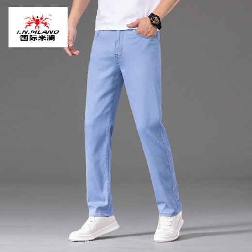 
Inter Milan luxury brand high-end Tennis jeans men's summer thin loose straight Celier elastic men's trousers 9767B light blue 28
