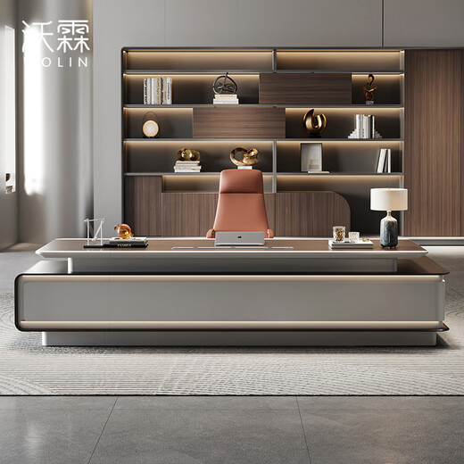 Wolin E0-level high-end boss table, president's table, light luxury modern office desk, office table and chair combination executive table, 2.8-meter table left side cabinet