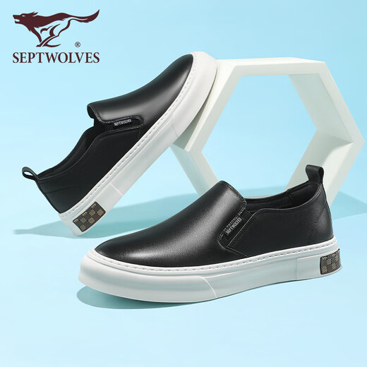 Sept chaussures en cuir Wolf pour hommes en été, haricots en cuir authentiques légers et respirant des chaussures de planche décontractées à un pied, couche de vache de vache de vache de vache noir 9859 41