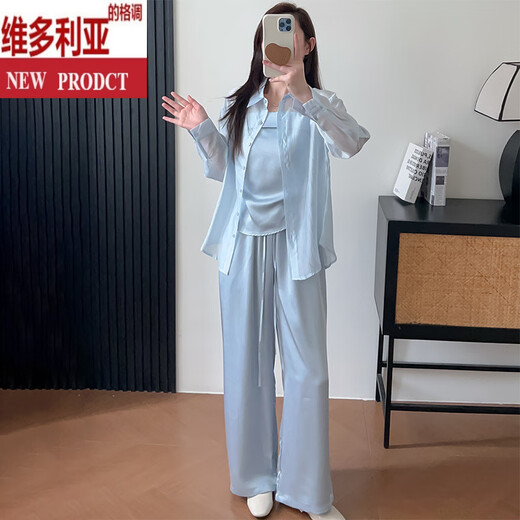 维多利亚的格调巨好看的夏日套装女2025新款小众不撞款吊带开衫阔腿裤三件套 香槟色衬衫+吊带+裤子 S
