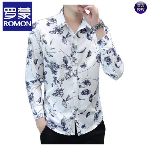 罗蒙（ROMON）印花衬衫男长袖青年花卉图案棉薄款修身时尚痞帅休闲碎花衬衣潮 723蓝色 M 80-104斤