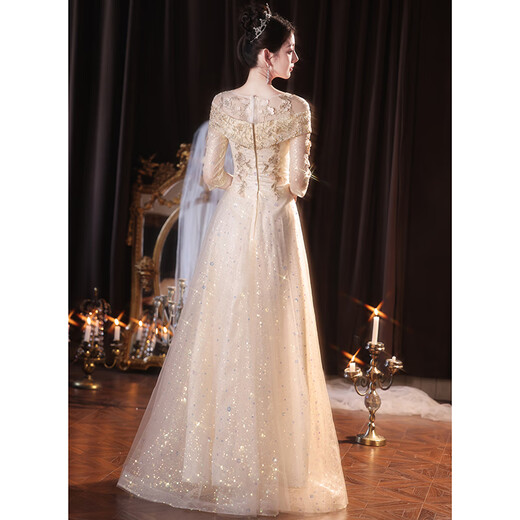 Xiaohanlu dress female high-end student champagne color evening light luxury niche celebrity fairy gauze skirt French annual party petite winter ULH8720 long style L