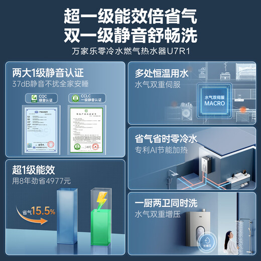 Macro Energy Saving King U7 Level 1 Silent Gas Water Heater 16L 20% Off National Subsidy Instant Natural Gas Level 1 Energy Efficiency Supercharged Zero Cold Water Trade-In