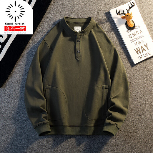 Kuraishi Kazuki American retro loose heavyweight bottoming long-sleeved sweatshirt men's autumn and winter trendy brand high-end hooded henley top Army Green M