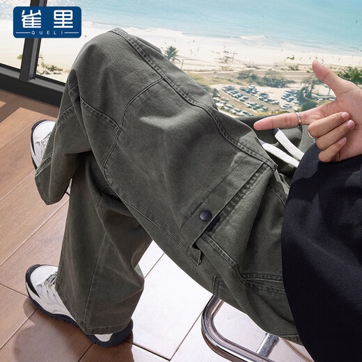 Queli Casual Pants Men's American Logging Overalls Men's 2025 Loose Straight Wide Leg Pants Men's Autumn Men's Pants Plus Velvet 2345 Army Green XL