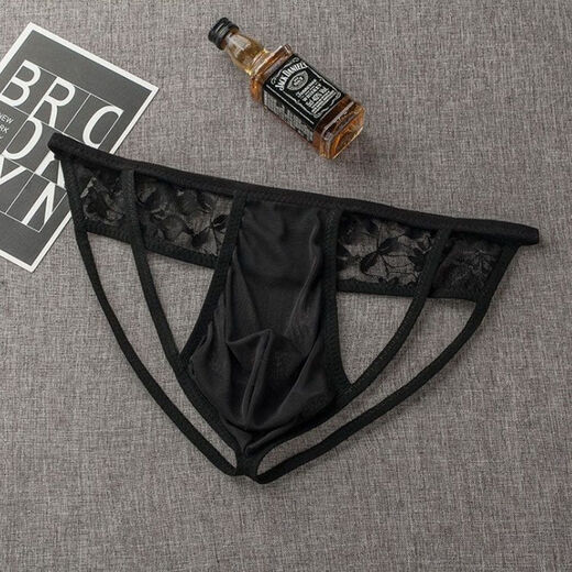 Banfishi men's sexy sexy thong underwear, transparent U convex thong underwear, lace, low waist, hollow, pure lust and temptation. Black, one size fits all, 90 Jin Jin is equal to 0.5 kg, 160 Jin Jin is equal to 0.5 kg