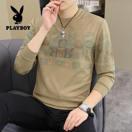 花花公子（PLAYBOY）2025春秋新款男士长袖T恤小衫个性欧货卫衣打底衫加大码男装上衣 【春秋】6628卡其 薄款 M 90-115斤