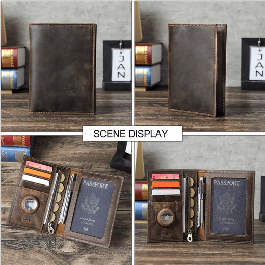 Enbaole retro Crazy Horse leather RFID anti-theft brushing certificate bag airtag family couple travel passport bag coffee color