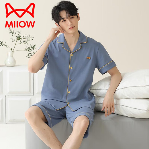Catman (MiiOW) pajamas men's summer pure cotton short sleeve shorts cardigan thin large size solid color casual home clothing set royal blue 12805 [100 pure cotton] L [recommended 100-120 Jin [Jin equals 0.5 kg] wear]