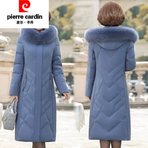 Pierre Cardin middle-aged and elderly down jacket women's new white duck down mother's wear long knee-length slim large size winter jacket pea green temperament and fashionable hat removable 5XL recommended 156-170Jin Jin equals 0.5 kg