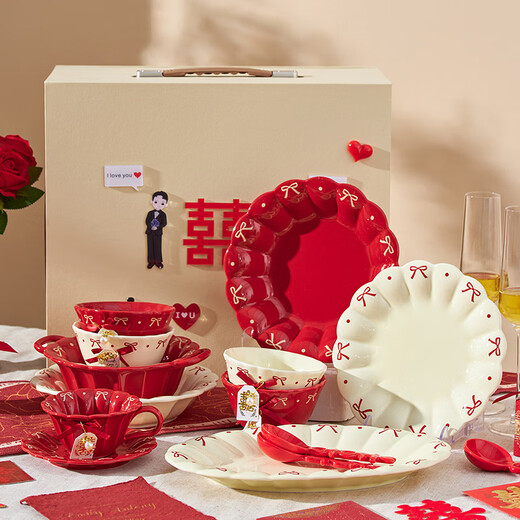 DearDali wedding gift tableware set for best friends, bride and groom, engagement dowry, practical items, high-end tableware, mixed color bowls, cups and plates for two, DIY gift box (fast delivery next day) 10-piece set