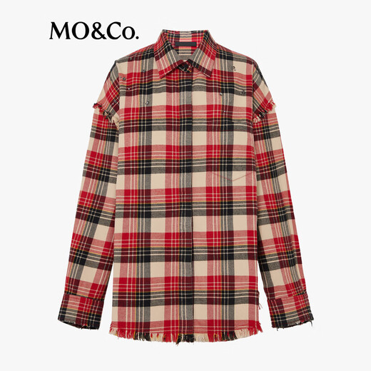 MO&Co.2024 new autumn Scottish plaid tassel raw edge loose thick cotton shirt