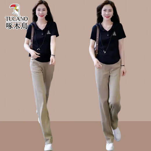 Spechts-Sommer-Outfit mit einer Reihe kleiner und modischer Anzüge für Frauen 2025 SOMMER SOMMER NEUE Casual Casual Kurzärmelhosen Zwei-Keuchen-Schwarzhosen L (Empfohlen 100 Jin [Jin entspricht 0,5 kg] -115 Jin [Jin gleich 0,5 kg])