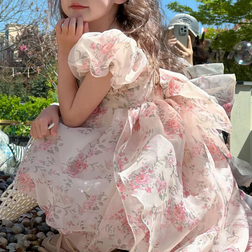 Tiaodegao Princess Dress Girls Summer Princess Dress Floral Bow Tail Dress Birthday Party Dress Floral Bow Princess Dress-Pink-130cm