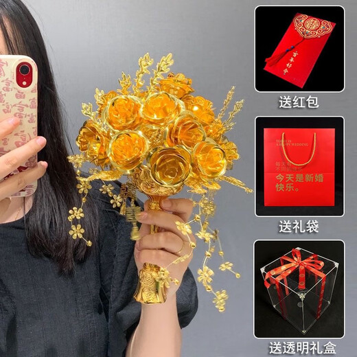 Cup Horse Chinese Style Bride Wedding Handd Fleur Fleur Golden Rose Wedding Gift Wedding Handmade DIY XIUHE CADEAU le meilleur ami Rose de la Rose - Sac à base + boîte-cadeau transparente + sac cadeau