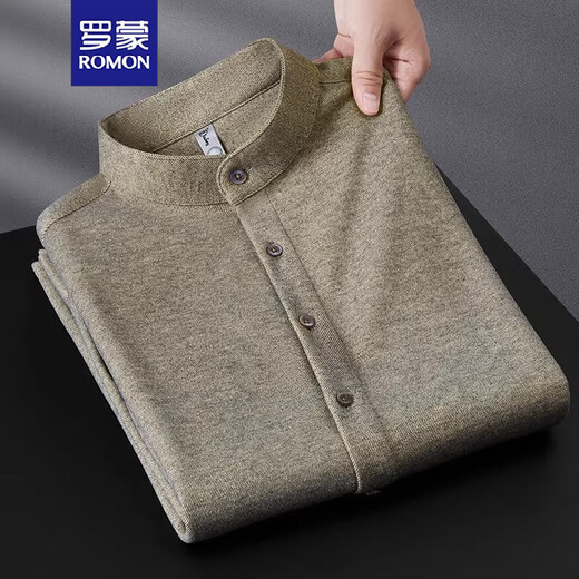 ROMON high-end velvet thickened brushed wool stand-up collar shirt men's long-sleeved slim winter casual warm tunic shirt men's brown regular XL 130-150Jin Jin equals 0.5 kg