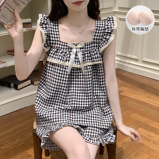 香雅馨带胸垫睡衣女夏季天学生吊带短裤甜美可爱纯色少女薄款家居服套装 9906黑格子 L 95-115斤