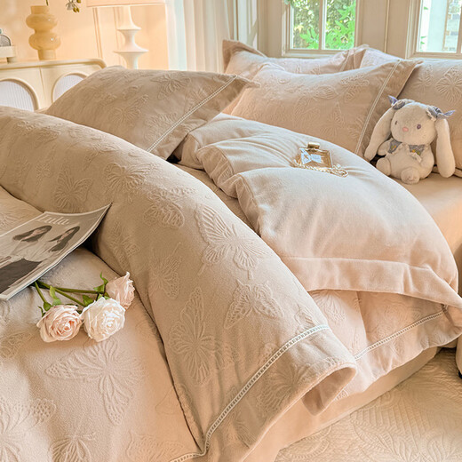 Mercury series A type 230g milk velvet coral velvet bed four-piece set 6D carved velvet winter bedding flannel thickened quilt cover 1 Yunshang-grey purple 1.8m bed sheet four-piece set