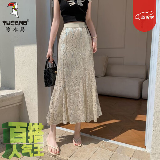 啄木鸟绝美气质亮片鱼尾裙半身裙女春夏2025新款高腰显瘦中长款包臀裙子 黑色【拍下收藏优先发货】 M 【80-110】