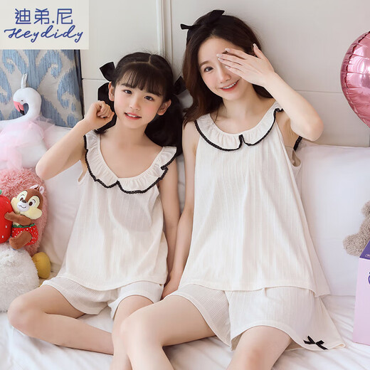 
DiDIDY parent-child clothing pajamas mother and daughter cotton gauze summer thin girl modal middle-large children home clothing suspender skirt A1 11303 apricot flower 170 8 (height 90-105CM/30Jin [Jin equals 0.5 kg]