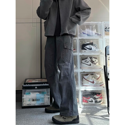 Muwei American retro workwear casual pants for men 2025 autumn and winter new loose straight wide leg trendy and versatile long pants dark gray XL recommended 130-150Jin Jin equals 0.5 kg