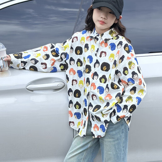 BJT Girls' Shirts Spring and Autumn Clothing Children's Style Long-Sleeved Tops 2025 New Girls Autumn Full Print Clothes Trendy White 160 cm