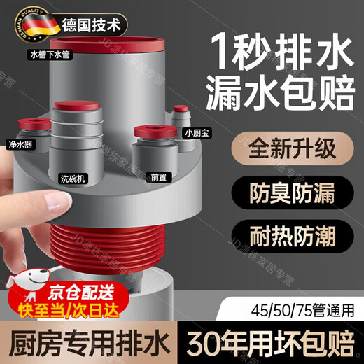 WCZ German kitchen special sewer pipe three-way washbasin water purifier sink five-way drainage pipe artifact upgraded and strengthened five-way plug leaking 45/50/75 pipe