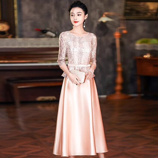 Hengyuanxiang champagne color happy mother-in-law wedding banquet dress 2025 summer new retro wedding noble young mother high-end dress champagne color M