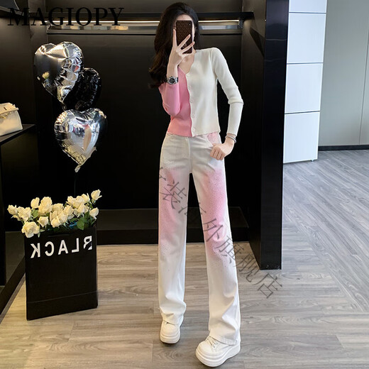 MAGIOPY国际奢侈高档品牌小众不撞款时尚套装女初秋拼色v领针织长袖上衣 上衣+粉白色裤子 S(100斤以内)