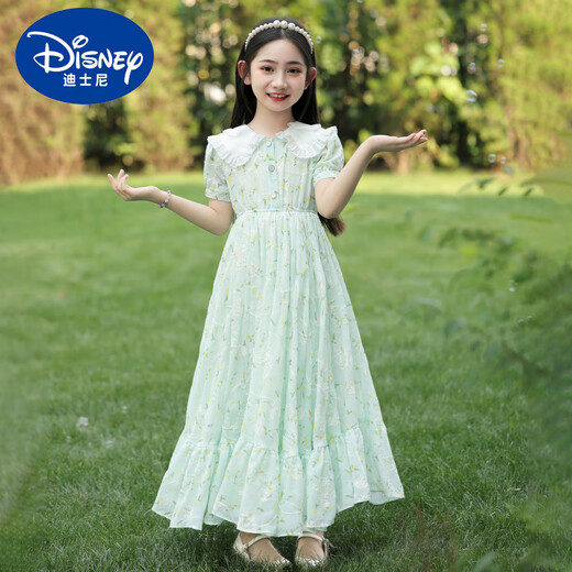 Disney girls' dress summer 2025 new fashionable children's chiffon floral skirt thin children's summer cotton skirt 6630 green + pearl headband Children's Day gift 120 cm