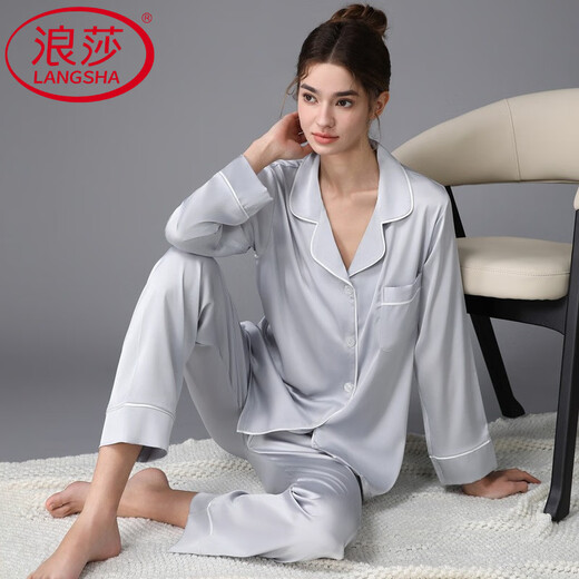Langsha (Langsha) Leichte Luxus-Eis-Sensen-Pyjama-Pyjama-Eis langärmlige Heimkleidung für Frauenfrührungen und Herbststil NEUER Seidendünnstil Pine Green 3899 XL (Gewicht 115 Jin [Jin gleich 0,5 kg] bis 125 Jin [Jin gleich 0,5 kg]))