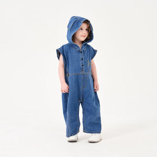 Baby denim outer wear spring and autumn children and girls one-piece Western-style jumpsuit Korean style overalls children's sleeveless pants royal blue hooded one-piece denim overalls 100 (28-35Jin Jin equals 0.5kg)