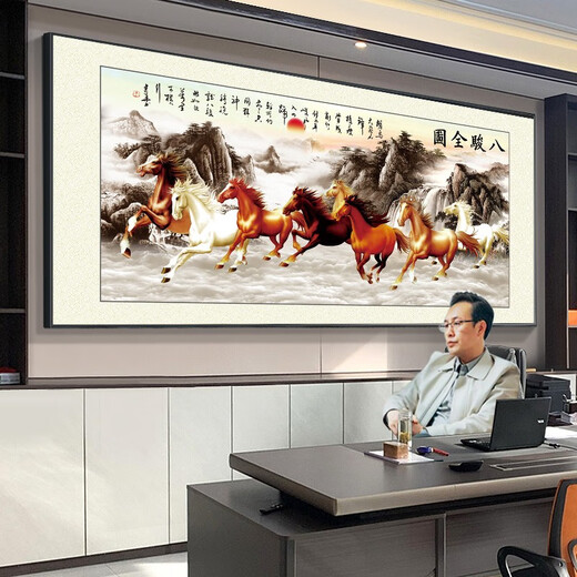 Mi Hong Miehone Ba Jun Bilder Wohnzimmer Hängende Pferde für erfolgreiche Dekoration Malerei Pferde Atmosphärische Büro-Sofa Hintergrund Wandzimmer Malerei CT-1479 (BA Jun Pictures) (glänzend Plexiglass) Schwarz verdickter Aluminiumrahmen + Länge 210 Höhe 90 cm-