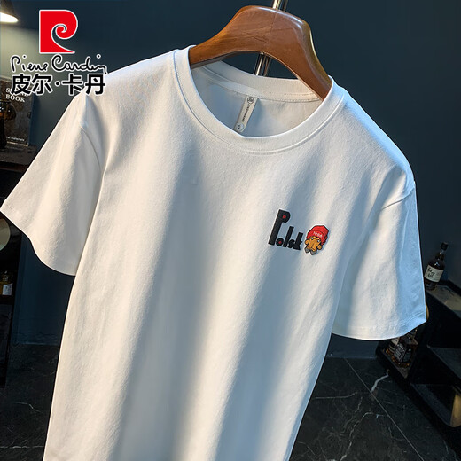 皮尔卡丹（pierre cardin）潮牌夏季短袖T恤男印花半袖宽松新疆棉舒适百搭潮流五分袖衣服男 白色 【9923】 M 适合90-108斤穿