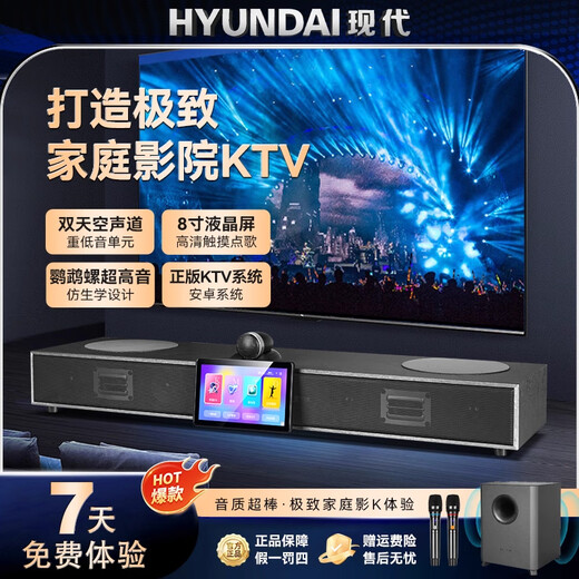 HYUNDAIQ5Plus Heim-KTV-Audioset, Heim-Wohnzimmer-TV-Karaoke-Karaoke-Maschine, All-in-One-Massivholz-Bluetooth-Heimkino, Echo-Wand-Subwoofer-Lautsprecher, Voice-Karaoke, verbesserte Version – zwei 8-Zoll-Subwoofer + zwei kabellose Mikrofone