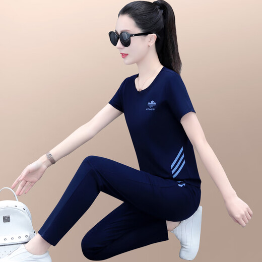 欧宇杉运动套装女夏季薄款2025新款时尚宽松圆领短袖长裤休闲两件套 6630款白色 2XL适合120-129斤