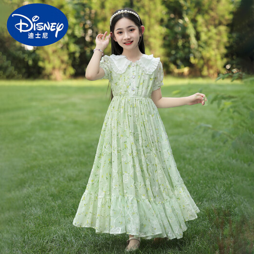 Disney girls' dress summer 2025 new fashionable children's chiffon floral skirt thin children's summer cotton skirt 6630 green + pearl headband Children's Day gift 120 cm
