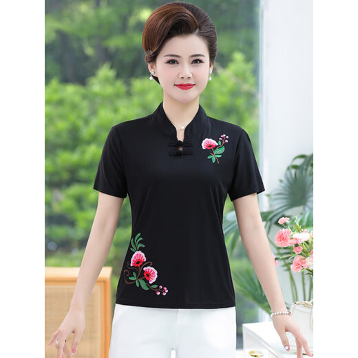 
Gesilang Lady 2025 new Tang suit small shirt mother spring and summer embroidered shirt middle-aged and elderly women cheongsam collar top retro 9928--Black L Recommended 80--Jin[Jin equals 0.5 kg]