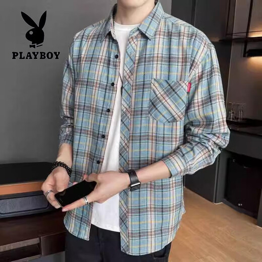 Playboy (Playboy) Camisa de manga larga a cuadros 2025 Spring and Autumn New Men's Turny Loose Cashil Camiseta Sunsco de protección solar Men 9902 Azul M [sugerido 90-110Jin [Jin equivale a 0.5 kg]]]