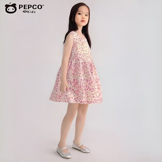 
Pig Banner girl summer thin dress for children's bubble cotton loose sleeveless vest skirt baby floral casual long skirt flower foundation 130 cm