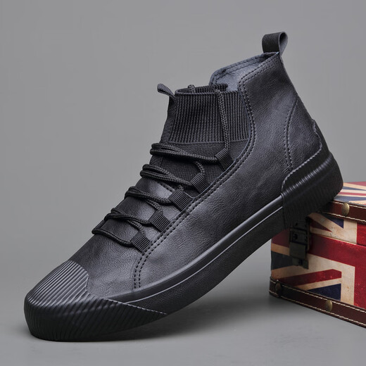 Belle chaussures en cuir haut haut pour hommes en automne et hiver, chaussures masculines à la mode 2024 Nouvelle version coréenne des chaussures en cuir décontractées pour hommes polyvalents SS9922 All Black Cotton Shoes 38
