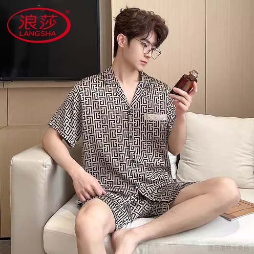 LangSha (LangSha) light luxury high-end pajamas for men in summer ice silk thin simple short sleeve shorts real silk satin large size home clothing 3899 apricot color L (weight 100 to 139)