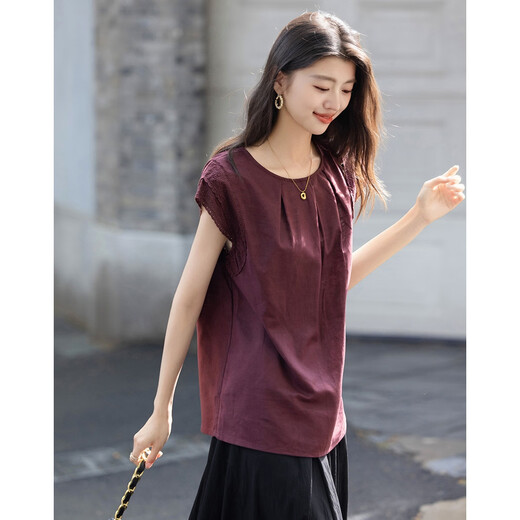 
Demana [natural linen cotton bamboo joint cloth] summer elegant style lace sleeveless shirt water drop button shirt women's top