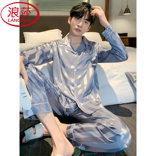 Langsha Herren-Pyjamas, dünne Eisseide Langarm, 2025 Neuer Sommer Großgröße Einfacher Zuhause Anzug 844 [Stil] l (-119jin [Jin ist gleich 0,5 kg]))
