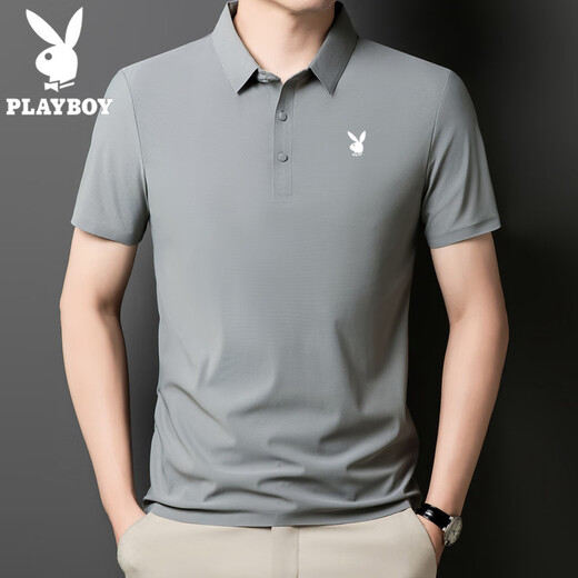 Playboy (Playboy) High-End-Kurzärärmel-Polo-Hemd für Herren Sommer dünne Lapel-Eis-Seide-T-Shirt Herrengeschäft Casual T-Shirt Top bequemes Obsidian Black-12358c-Ice Seide Polo-Hemd 2xl 140-155jin [Jin gleich 0,5 kg]