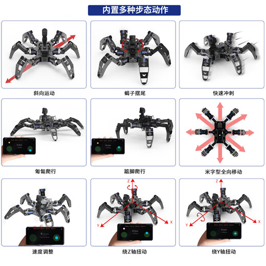 
Little R Six-legged Bionic Robot Spider Raspberry Pi 5 Deep Learning Programming Competition WiFi Video AI Intelligent Vision OpenCV Voice Control 4B Black (Finished Product Shipping) Raspberry Pi 4B8G Development Board