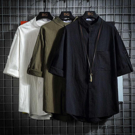 Moxiao 1049 personnes louées gras cols japonais cols de support à moitié à manches masculines et couleur unie lâche simple et polyvalent d'été à manches courtes noire 4xl