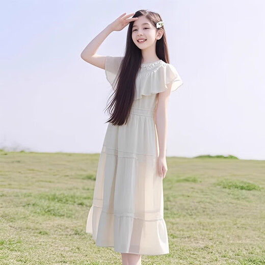 Vestido de niñas Summer 2025 Nuevo estilo para niñas Corea Coreana Corea Corea Princesa Vestido de vacaciones para niños Vacaciones largas Summer Off White 160