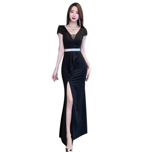 昭麓spa技师工作服气质长裙新款性感夜场洗浴桑拿晚礼服长款 3882黑色 S 建议80/95斤