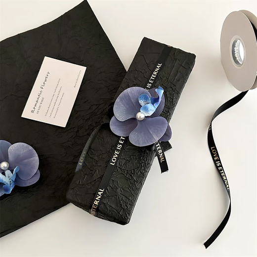 High-quality stone grain paper, black large size gift wrapping paper, cigarette box decoration material, high-grade pleated feel for boyfriend, blue Phalaenopsis + 1 meter black ribbon